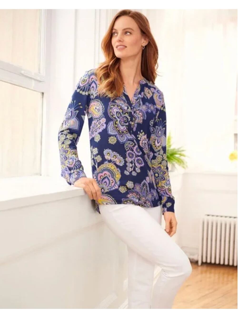 Talbots Womens M Petite Blue Paisley Band Collar Pullover Long Sleeve Blouse